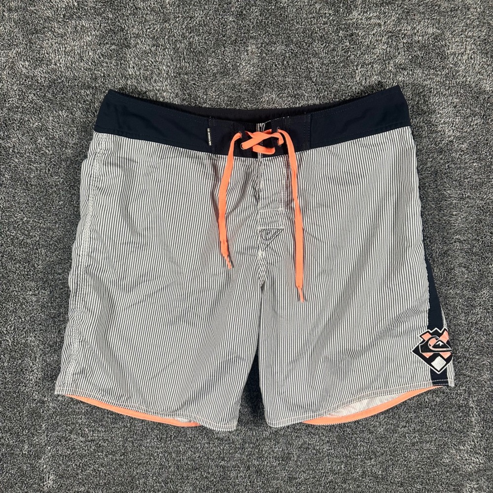 Y2K Quiksilver Board Shorts Mens 33 Navy White Pinstripe Orange Surf Trunks